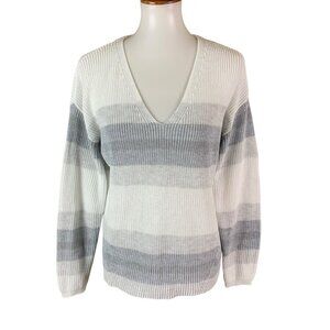 Gentle Fawn Gray Ombre Stripe V Neck‎ Sweater Soft Knit Pullover Small Classic